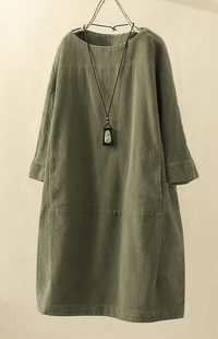 SOFTSTRIDE – Premium Corduroy Texture Midi Dress with Three-Quarter Length Sleeves