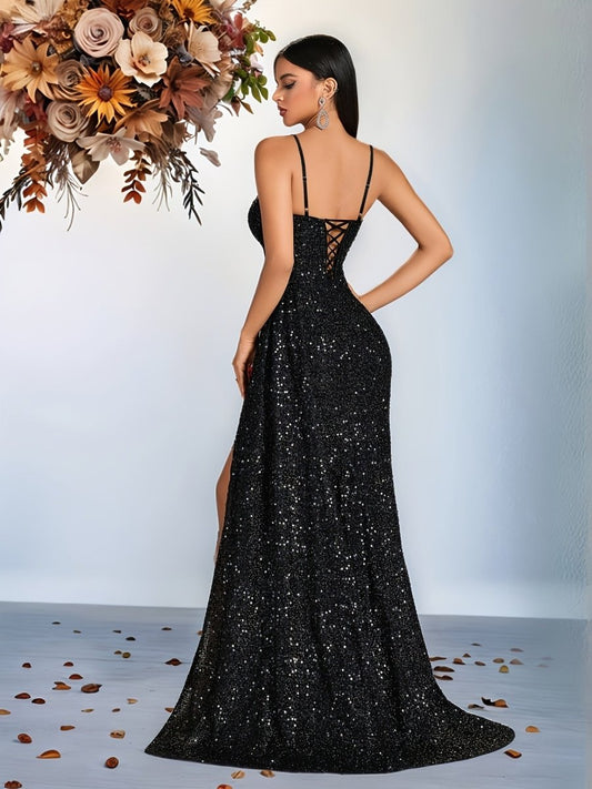 Valentina - Sequin Embellished V-Neck Gown with Flowing Skirt