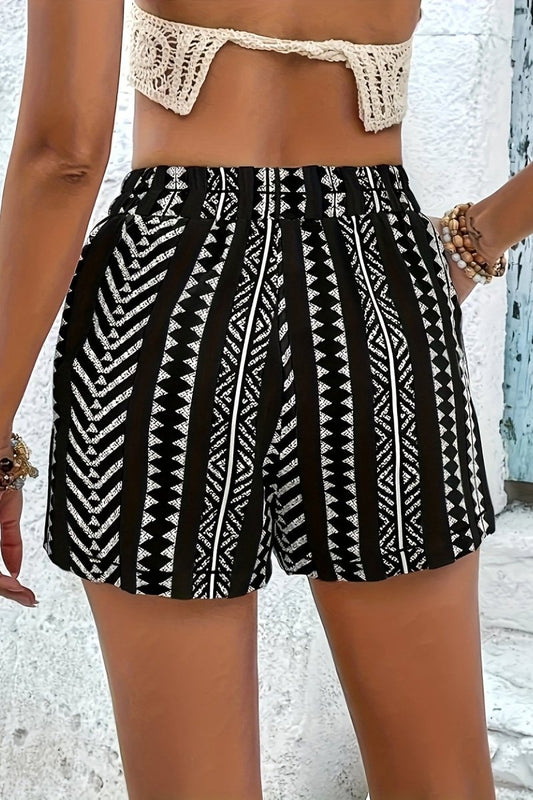 SOLEAWEAR - Women's Black & White Geometric Tassel Shorts Adjustable Comfort