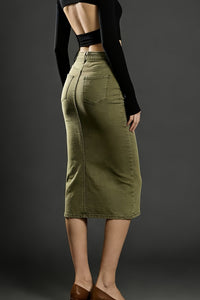 Alba – Modern Olive Midi Skirt with Durable Denim Texture