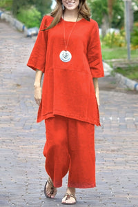 AUBRIANA – Plus Size Color-Block Linen Split Top & Wide-Leg Set