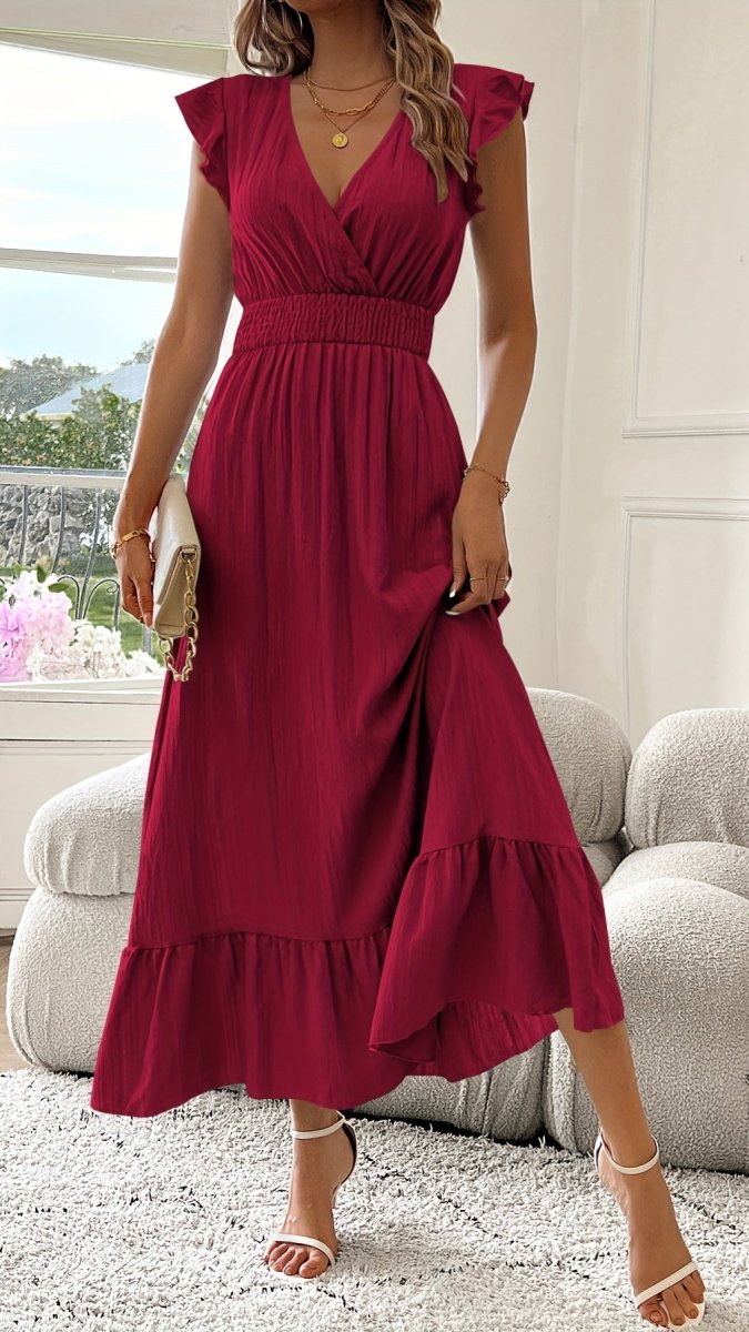 AZURELLE - Women’s Deep V-Neck Ruffle Sleeve Maxi Dress