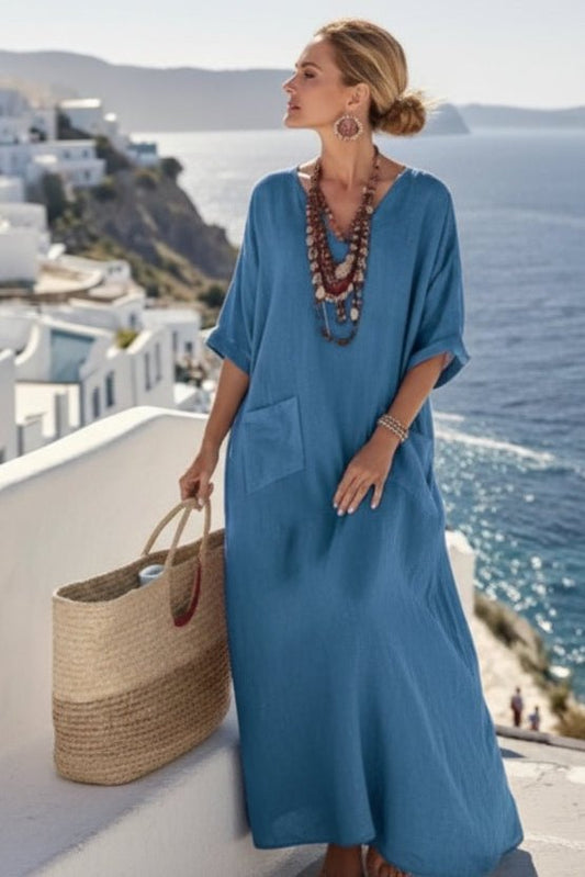 MARISOL – Sea Blue Lace-Up V-Neck Kaftan Dress
