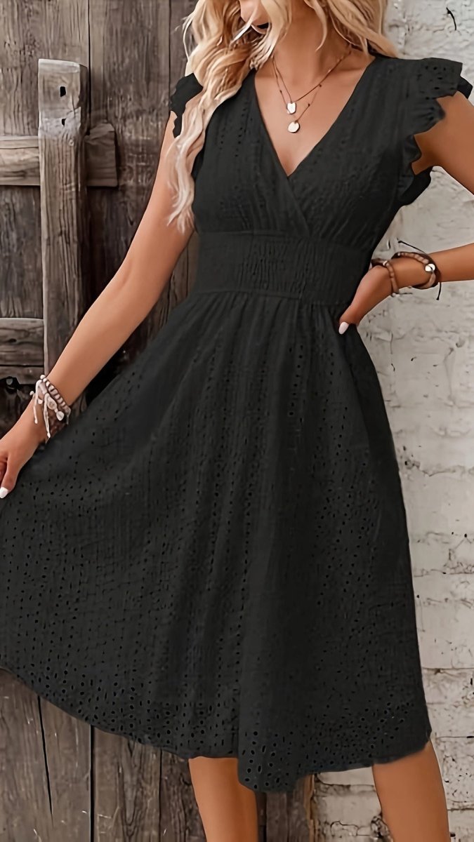 ELMIRA - Women’s Eyelet Lace V-Neck Midi Dress