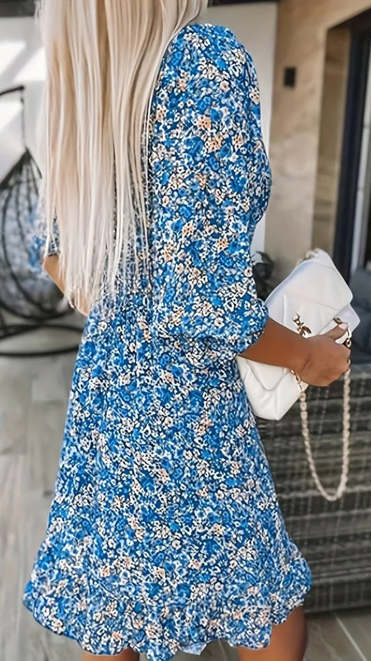 LUNAVERA - Women’s Bohemian Floral V-Neck Flutter Sleeve Dress